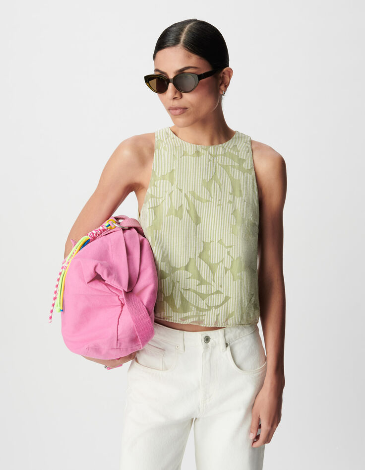 Top sin mangas verde estampado mixto rayas y vegetal Mujer-3