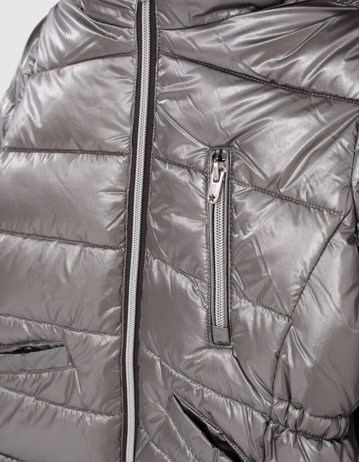 Girls’ dark silver fur-lined hooded long padded jacket - IKKS