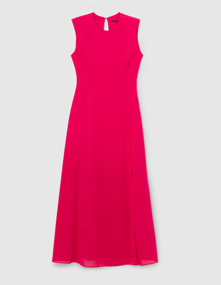 Langes hot pink Recycling-Damenkleid mit Schulterpolstern-5