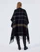 Women’s black checked fringed poncho-3