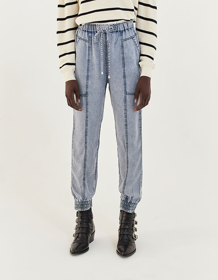 Joggerbroek in blauwe tencel acid wash dames-2