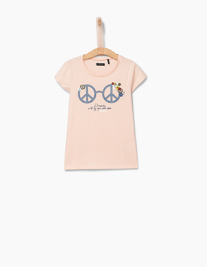 Tee-shirt rose poudré lunettes Peace & Love fille - IKKS