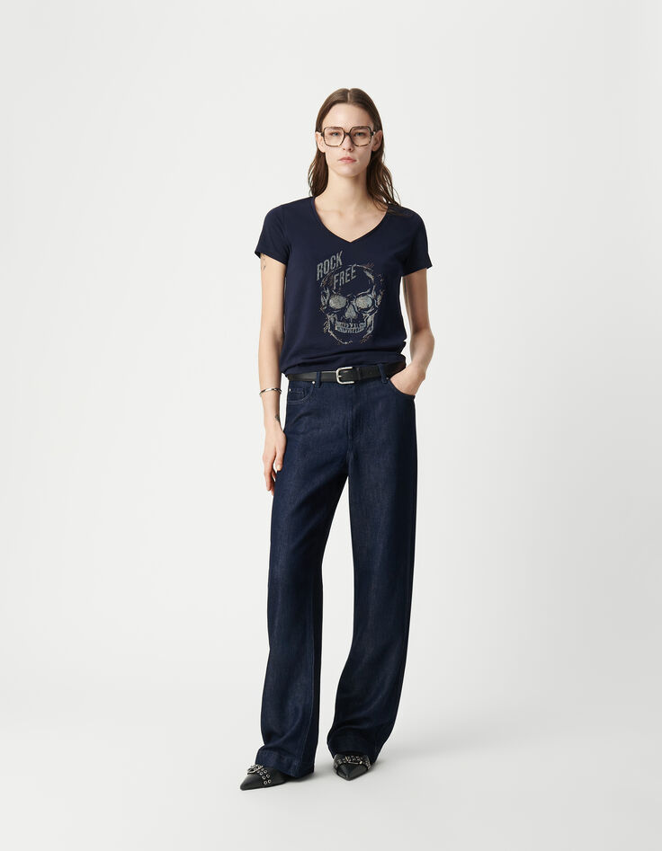 Totenkopf-T-Shirt aus Bio-Baumwolle f&uuml;r Damen, navy-2