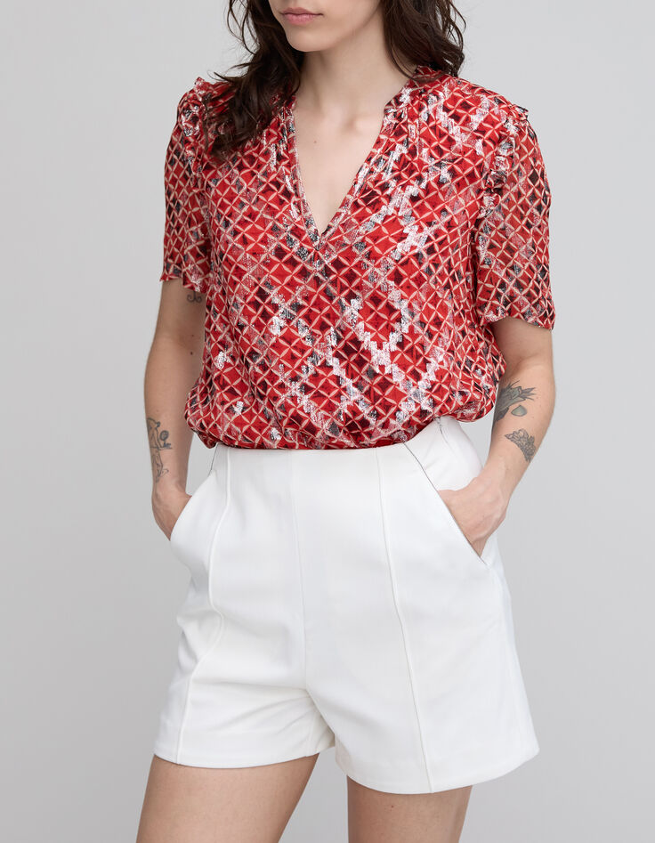 Blusa holgada de mujer en voile estampado entramado rojo-5