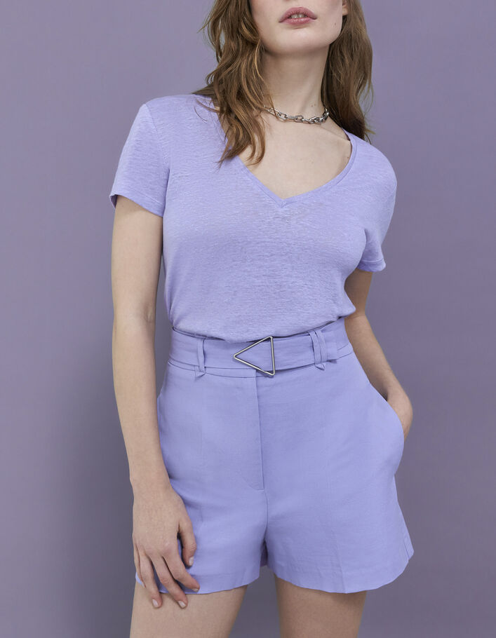Women’s lilac linen T-shirt, heart/lightning embroidery - IKKS