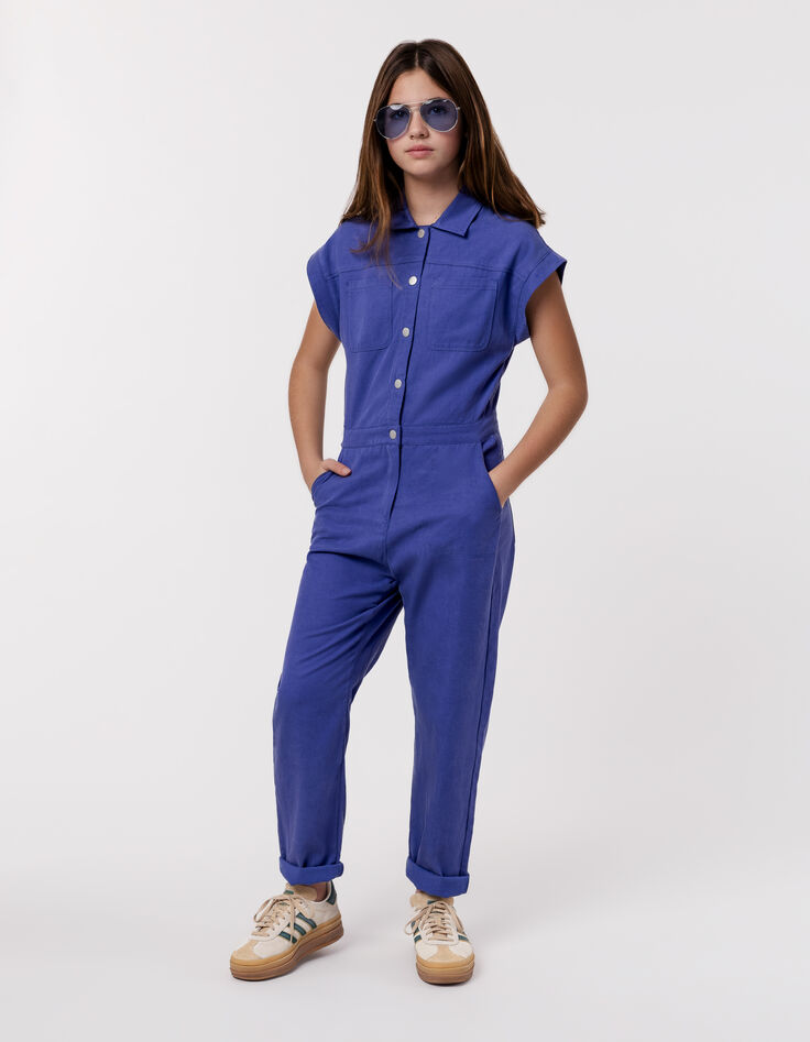 Langer blauer Mädchen-Overall, Druckknöpfe-1
