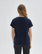 Women’s navy T-shirt with navy striped ribbing-3
