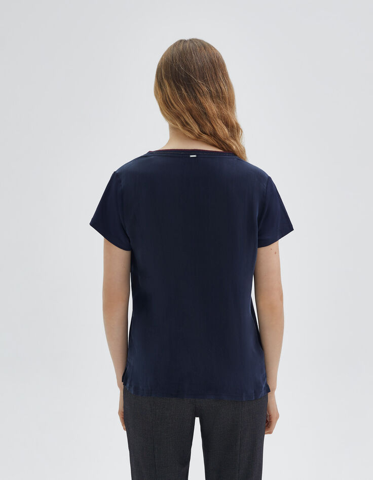 Women’s navy T-shirt with navy striped ribbing-3