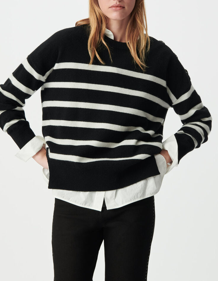 Schwarzer Damen-Marinepulli 100 % Wolle Schulterkn&ouml;pfe-2