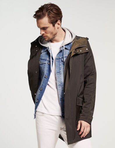 Men’s khaki satin nylon hooded long parka - IKKS
