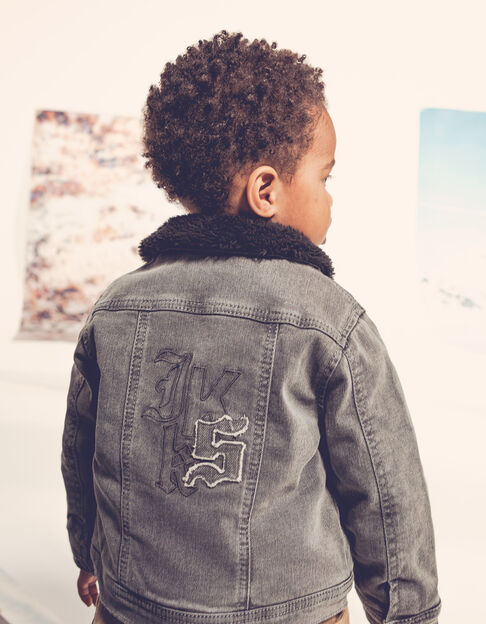 Baby boys’ grey fur-lined denim jacket, embroidered back