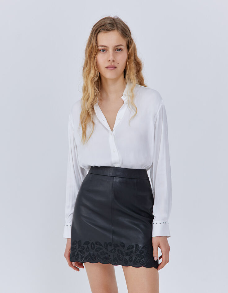 Women’s black embroidered leather short skirt-2