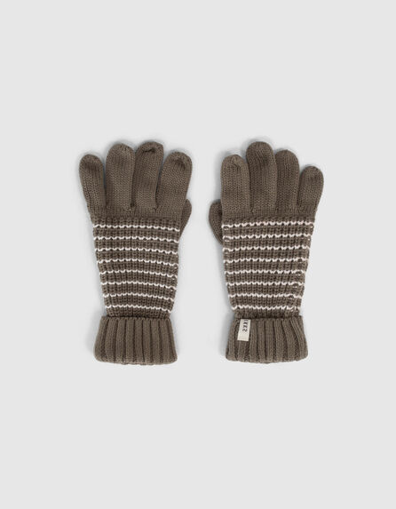 Boys’ khaki knit gloves with white stripes