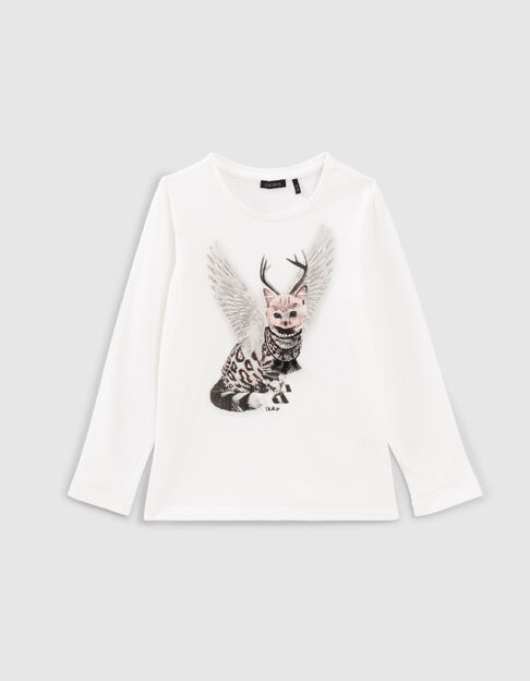 T-shirt blanc cassé visuel chat-léopard ailé fille - IKKS