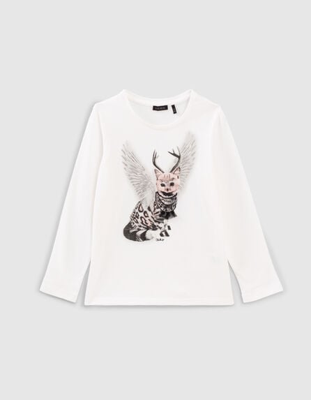 Girls' off-white winged leopard-cat image T-shirt