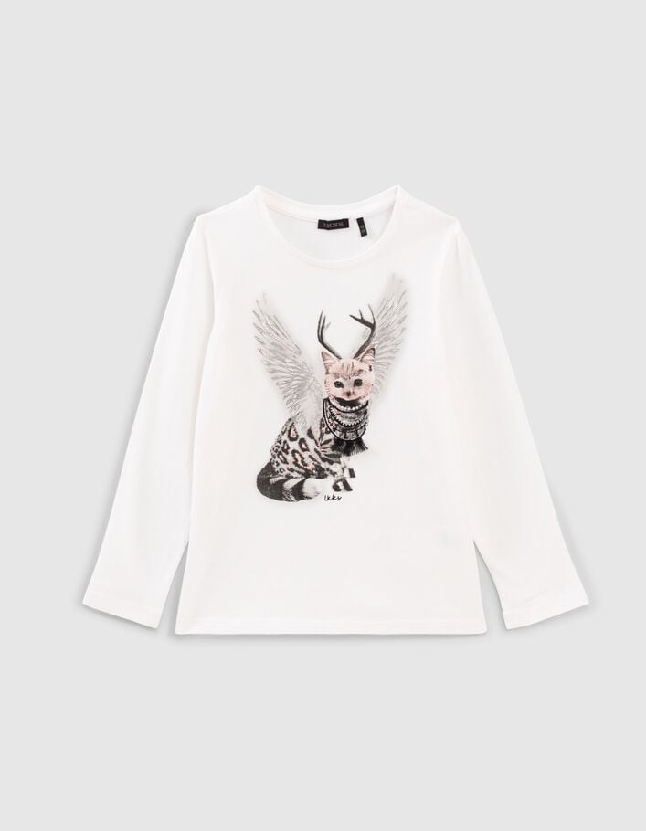 Girls' off-white winged leopard-cat image T-shirt-2
