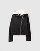 Cardigan noir esprit motard nid d'abeille à capuche fille-1