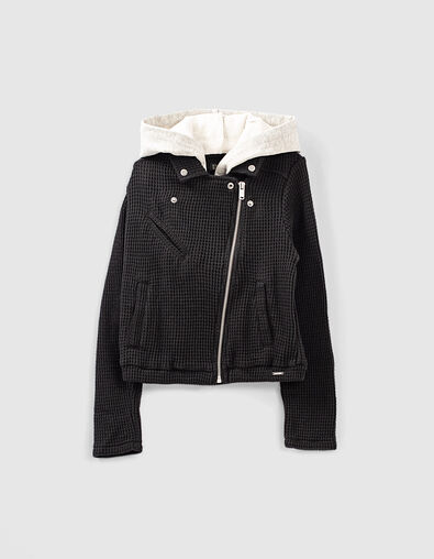 Cardigan noir esprit motard nid d'abeille à capuche fille - IKKS