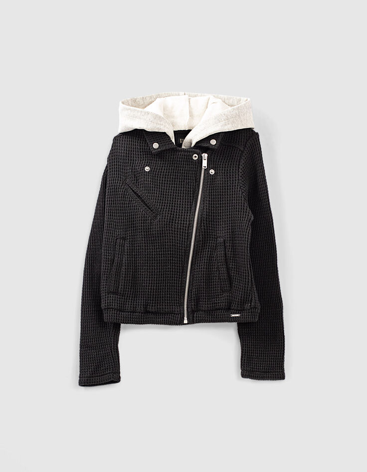 Cardigan noir esprit motard nid d'abeille à capuche fille-1 Cardigan noir esprit motard nid d'abeille à capuche fille-1