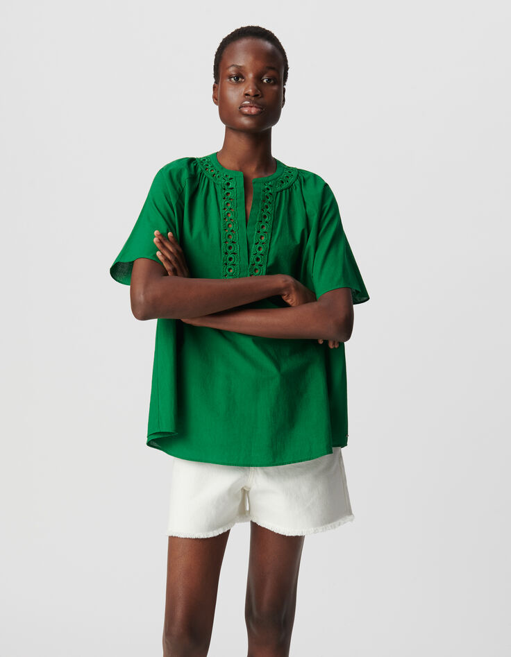 Blouse ample verte coton bio encolure brodée Femme-2 Blouse ample verte coton bio encolure brodée Femme-2
