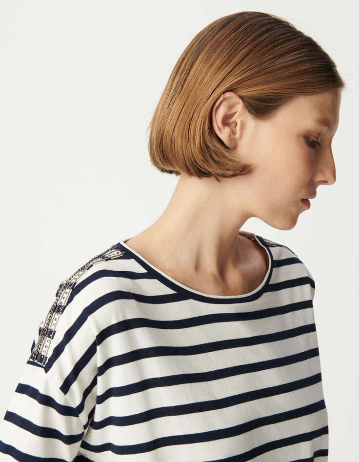 Oversized navy and white sailor tee with shoulder jewels Women-4