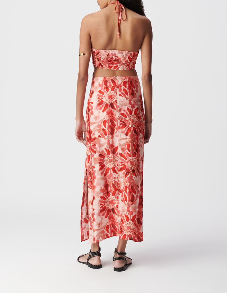 Robe longue rouge imprim&eacute; batik dos ouvert Femme-3