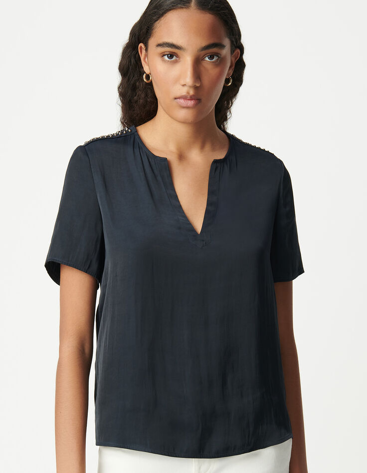 Crumpled navy top with jewelled shoulders Women-2