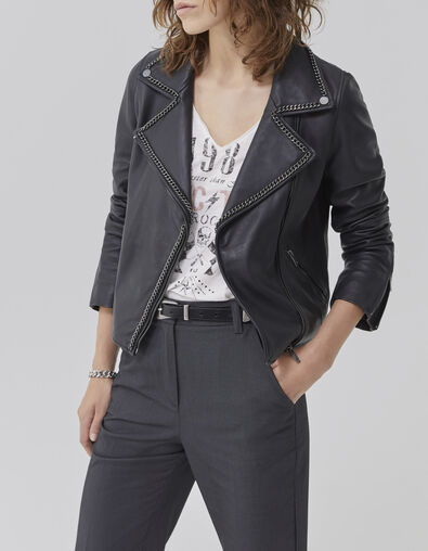 Women’s black biker-style leather jacket with metal chains - IKKS