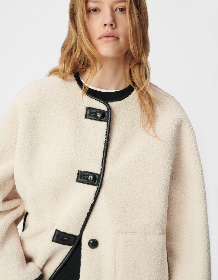 Cremefarbener Sherpa und schwarzer Damen-Wendemantel-3