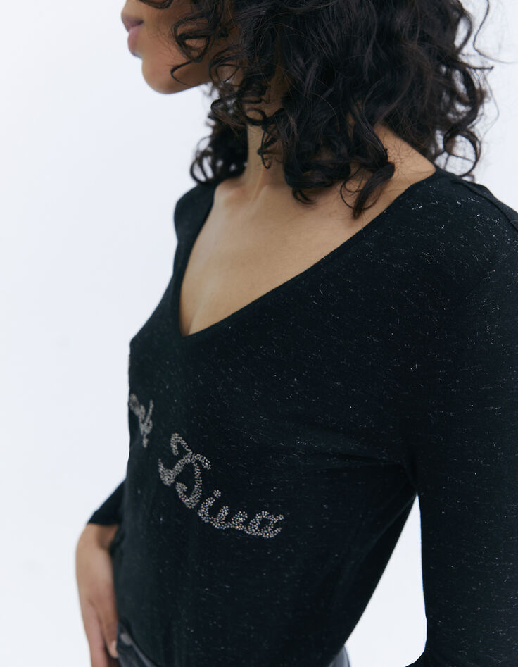Women’s black Ecovero® viscose T-shirt with bead slogan-4