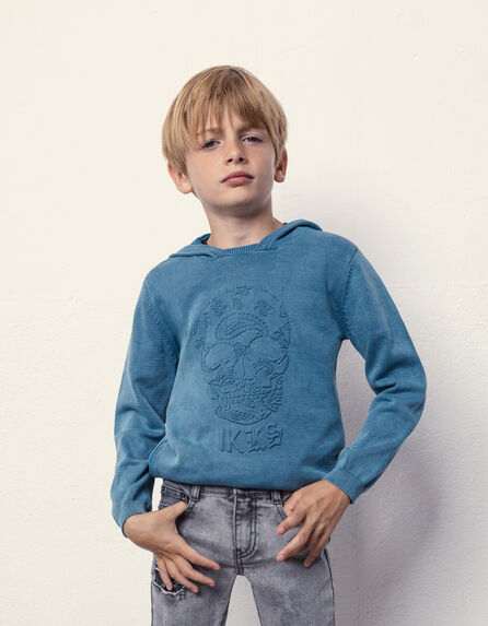 Boys’ blue knit sweater with embossed skull and hood
