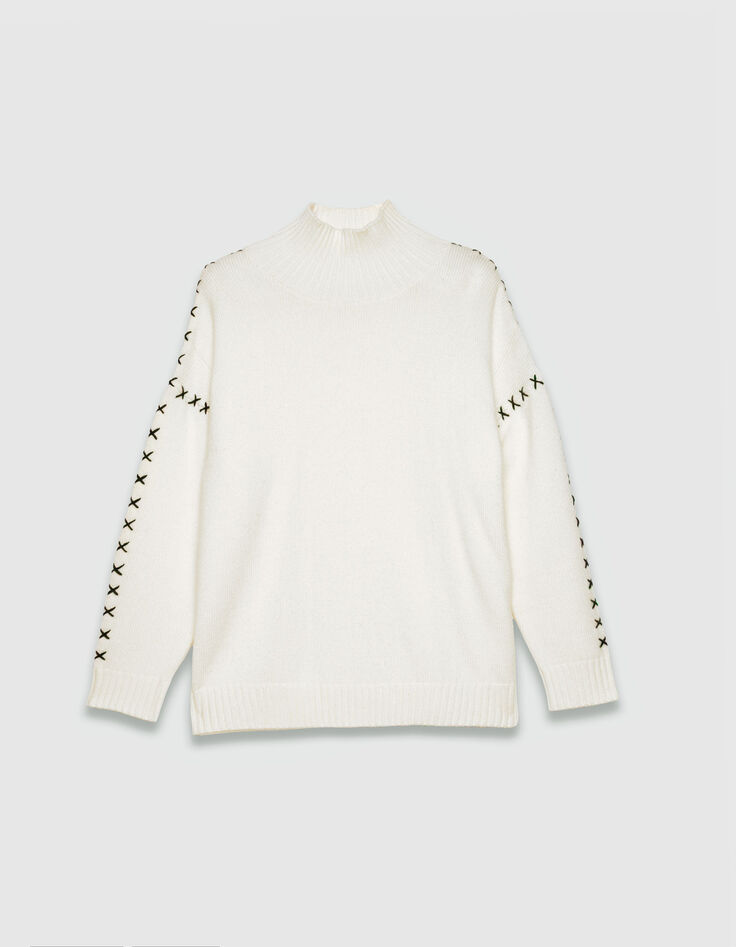 Weißer Damenstrickpulli Schnürdetails an Ärmeln-6