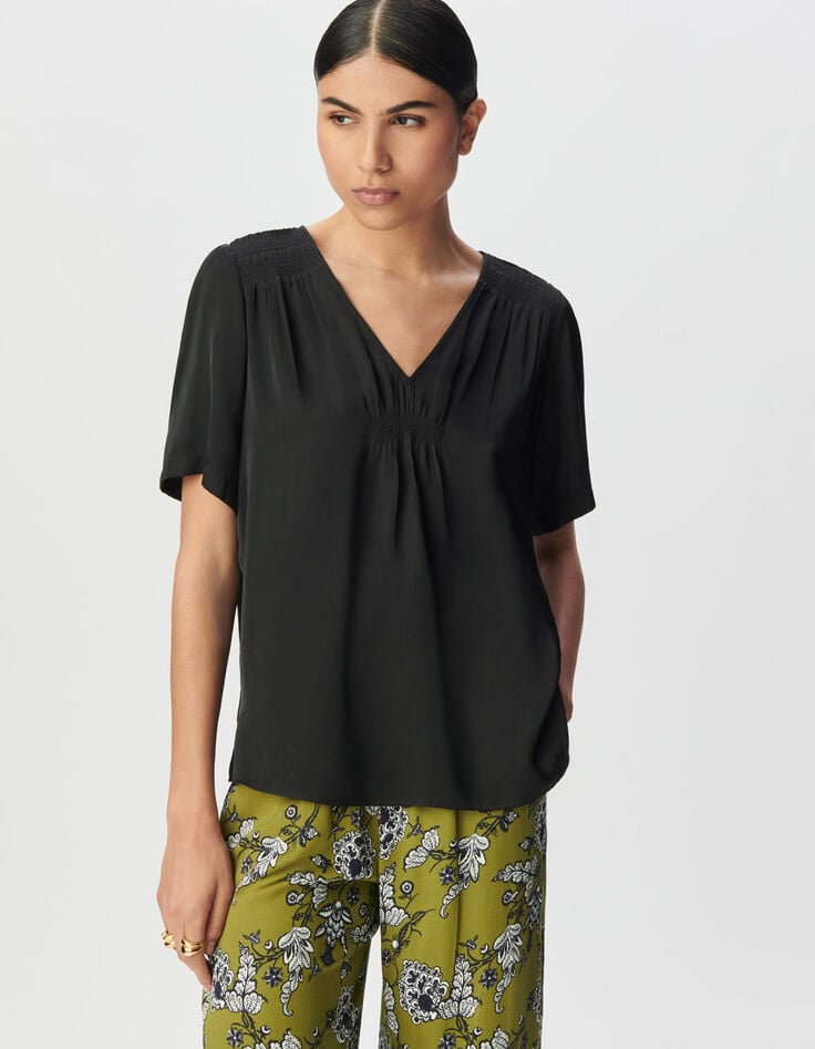 Schwarzes Damensatin-Top mit kurzen Ärmeln, Smocks-2 Schwarzes Damensatin-Top mit kurzen Ärmeln, Smocks-2