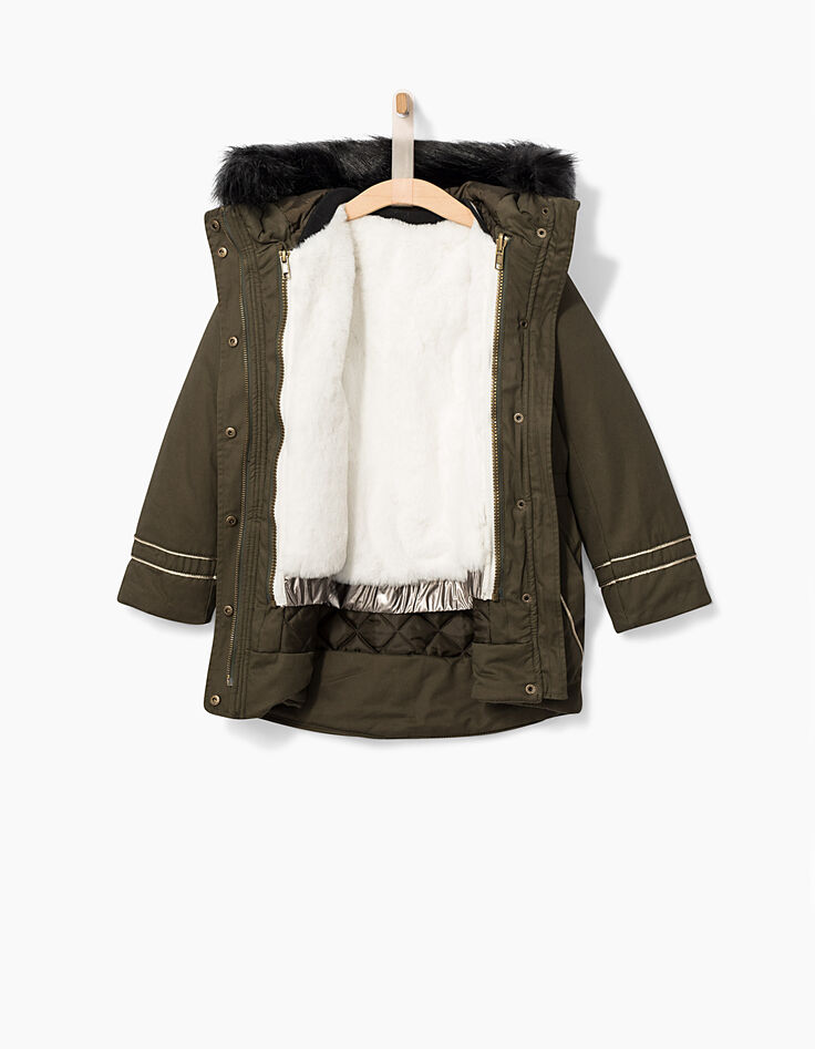 Parka kaki et gilet bi-matière réversible fille-4 Parka kaki et gilet bi-matière réversible fille-4