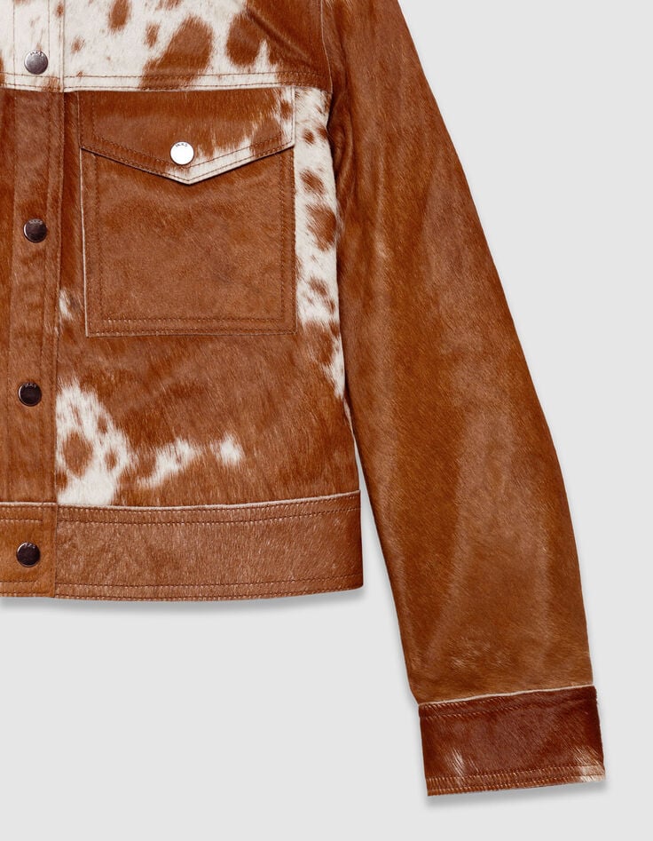 Veste courte en cuir marron motif vache Femme-8