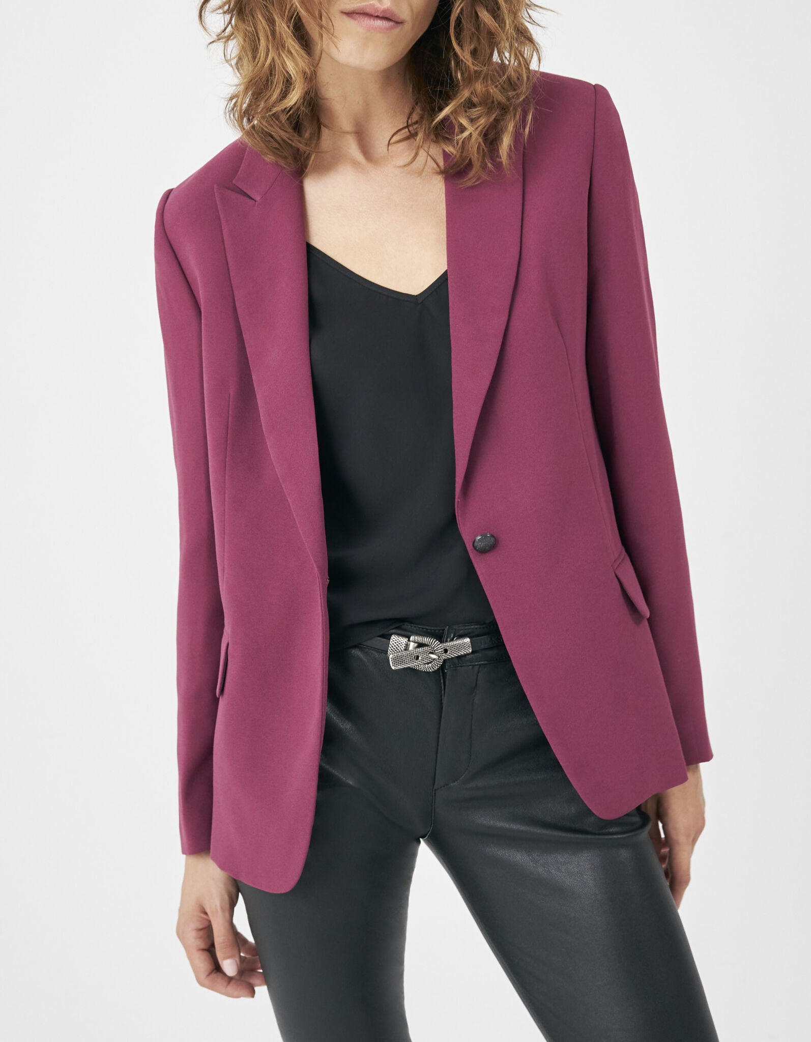 Veste mi longue de tailleur en crepe coloris violet femme IKKS