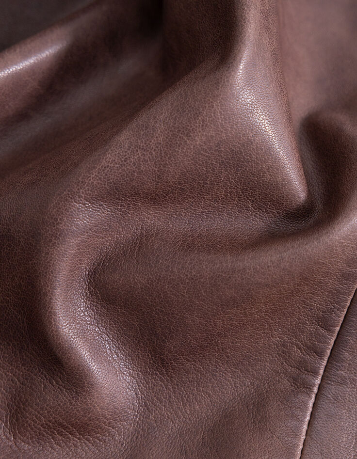 Women's brown faded leather coat with patch pockets-10