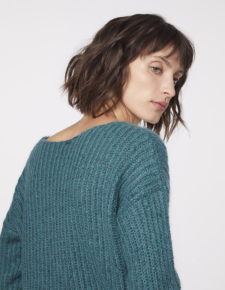 Pull vert col V laine mousseuse métallisée femme-5