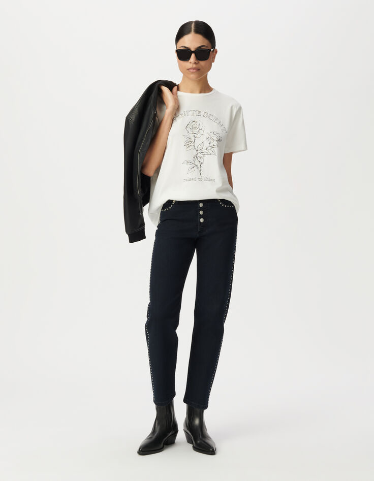 Jean droit marine cropped décor clous Femme-1