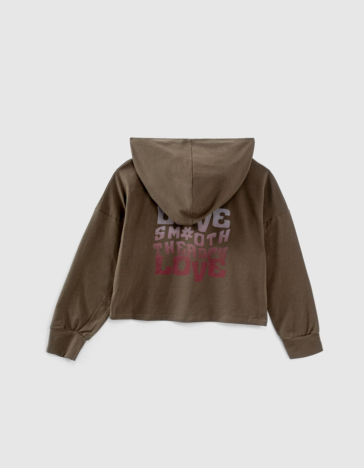 Girls’ bronze cropped T-shirt with print on back and hood-2 Girls’ bronze cropped T-shirt with print on back and hood-2