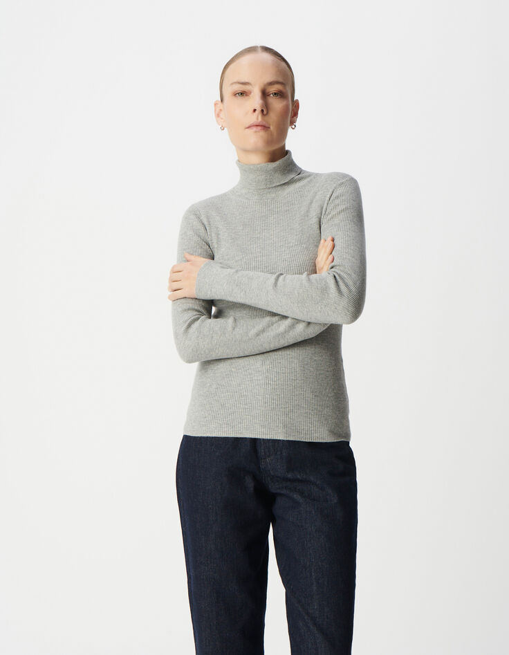 Women's grey turtleneck reverse seam sweater-5