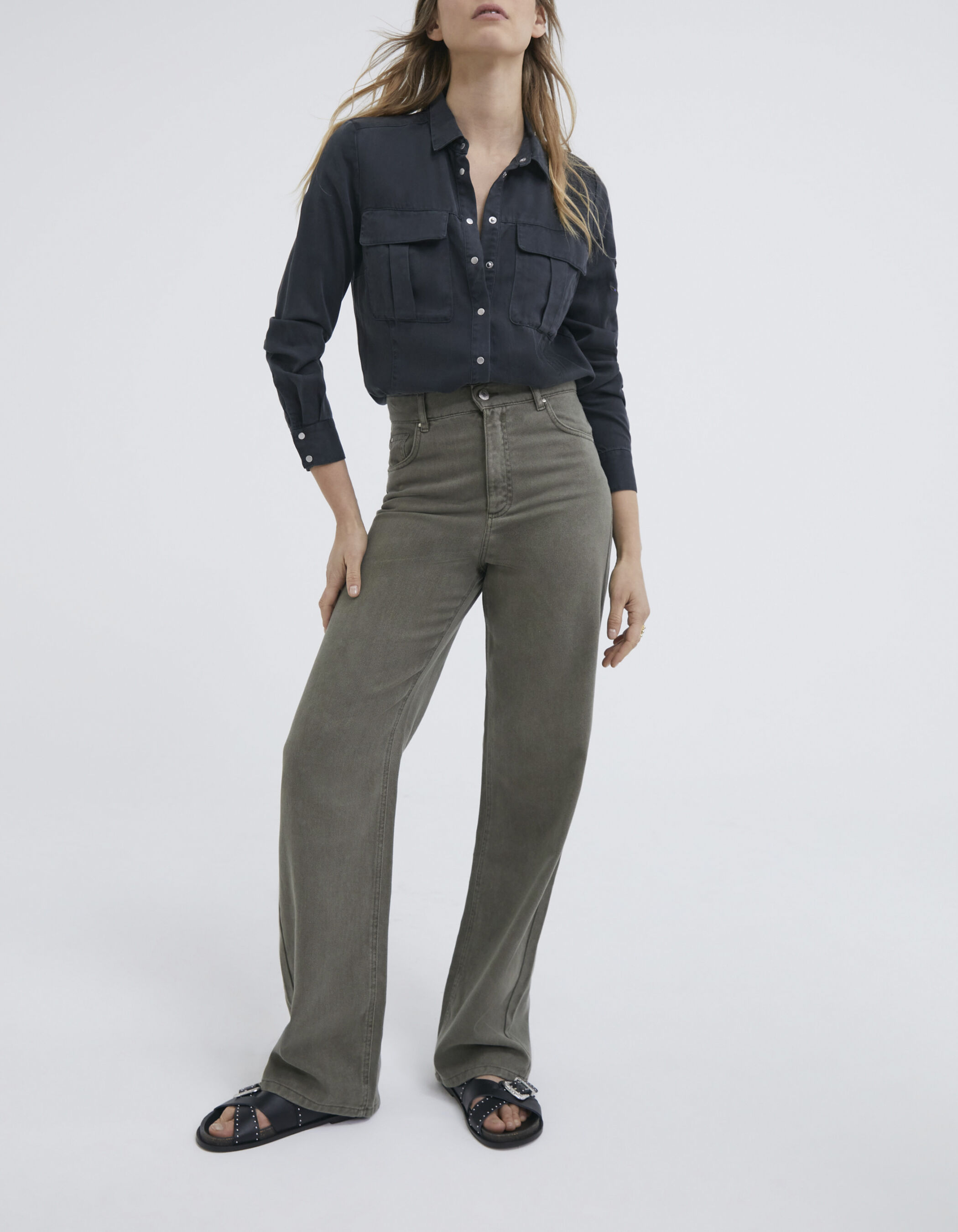 Women s khaki high waist wide leg jeans