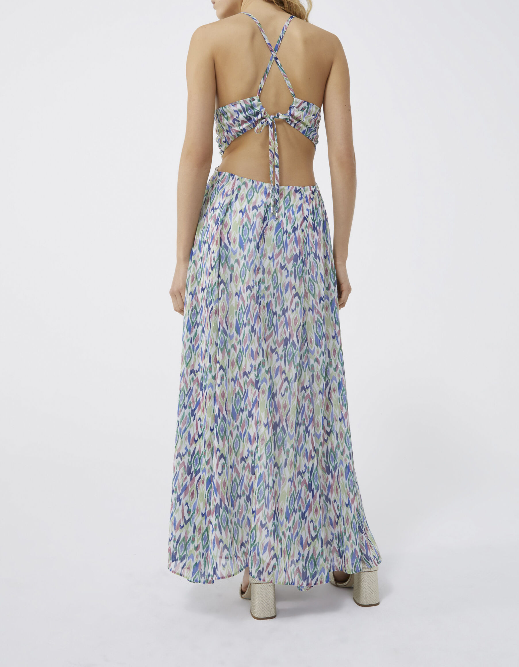 Women s ecru ikat diamond print backless long dress