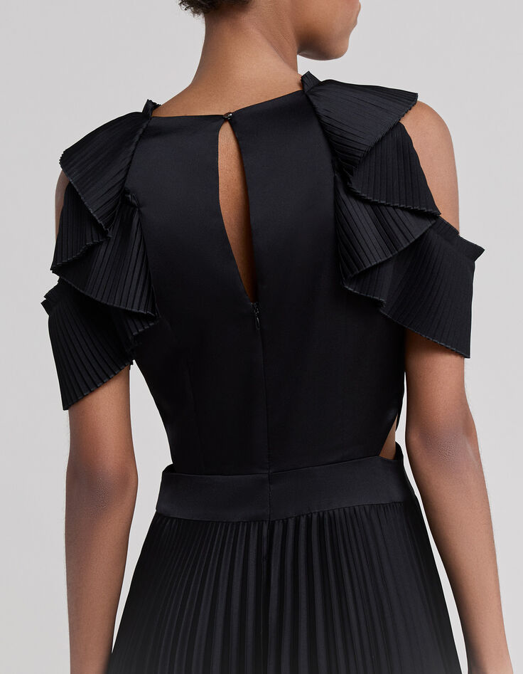 Robe longue noire recyclée plissée découpes côtés Femme-5