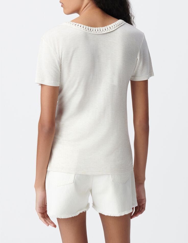 Tee-shirt blanc tressage encolure V Femme-3