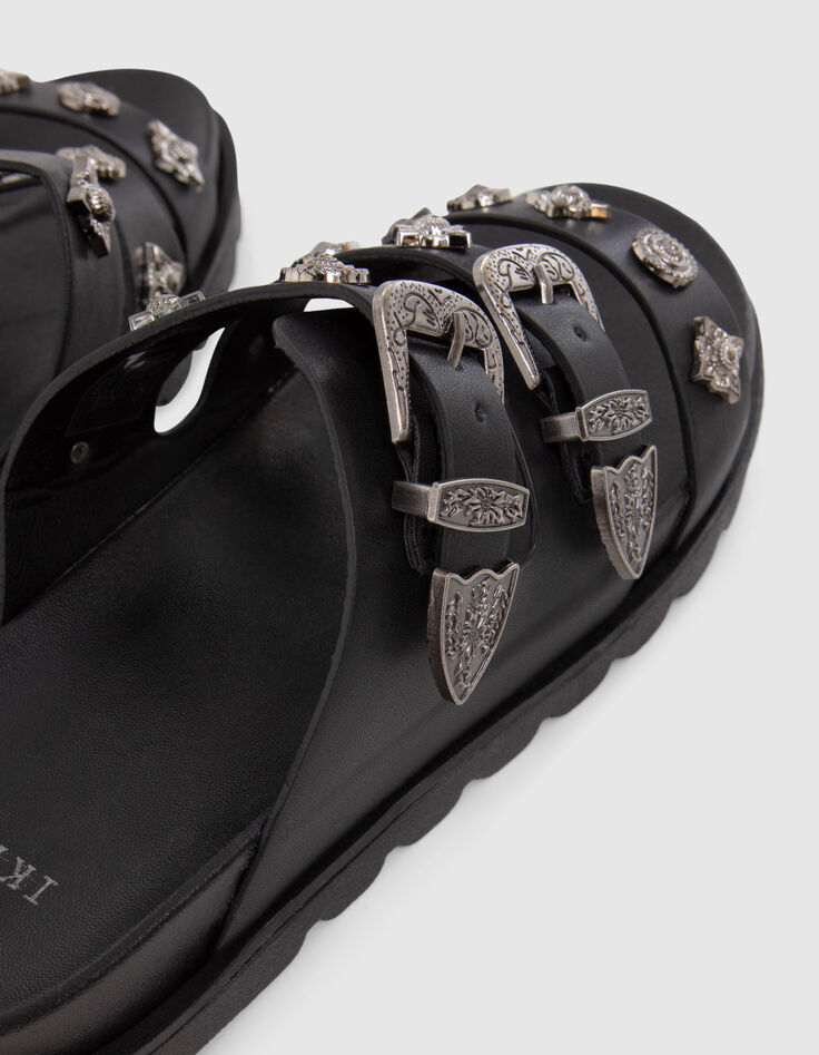 Mules noires triple bride western rock Femme-4