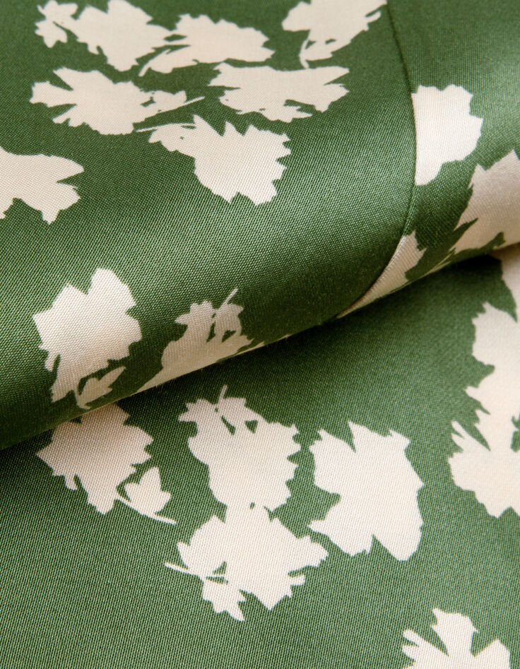 Robe courte vert satin&eacute; imprim&eacute; feuilles Femme-3