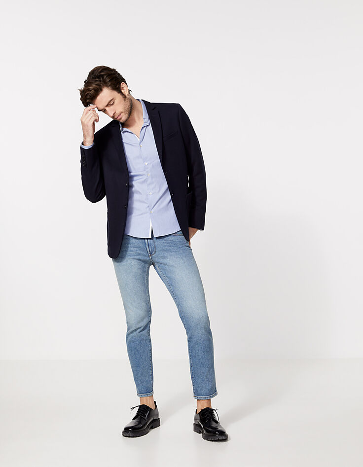 Camisa SLIM azul grisáceo con banda blanca en tira Hombre-6