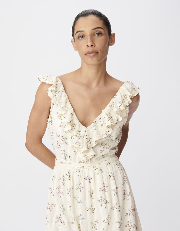 Women's ecru floral long dress with ruffle details-2