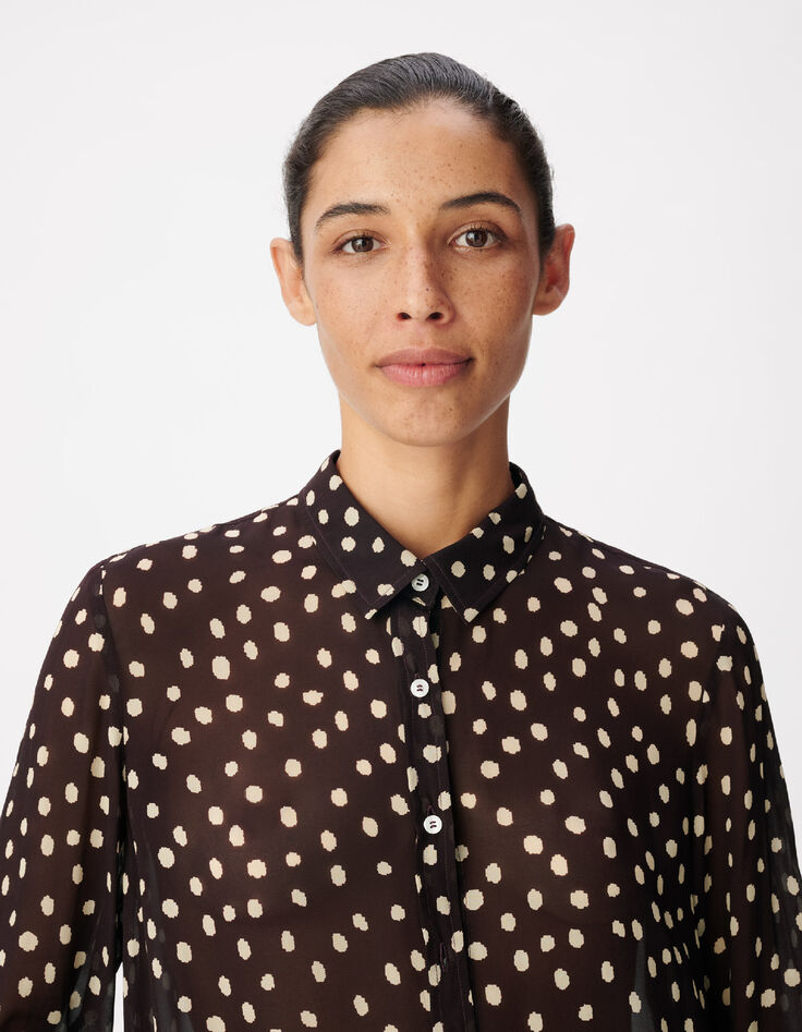Chemise marron fluide voile imprim&eacute; pois Femme-5